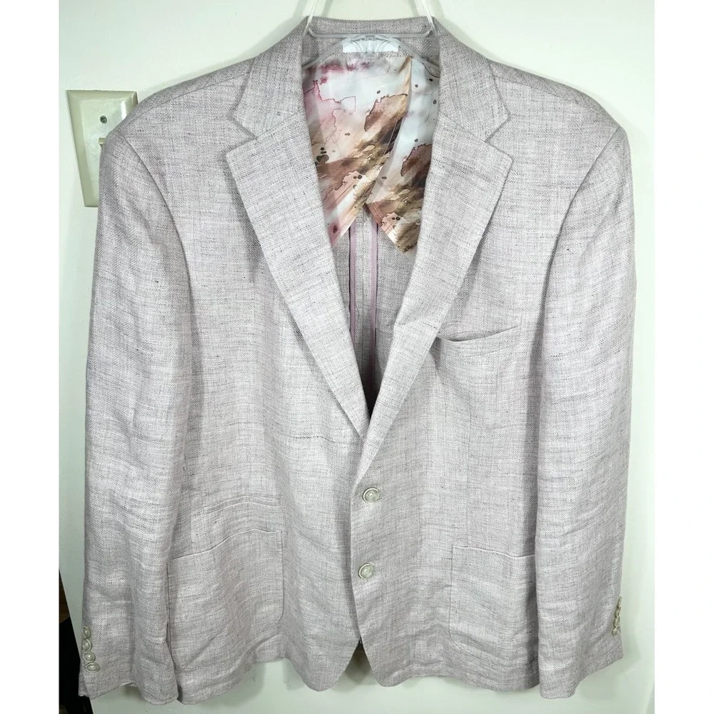Tallia Sport Coat Men 46R Pink Linen Blazer Watercolor Lining Dapper Preppy Luxe